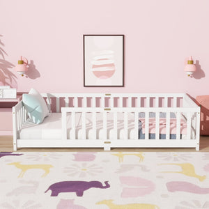 English Elm Twin Low Profile Rubberwood Floor Bed with Full Safety Fence for Toddler Rooms White W504P429335