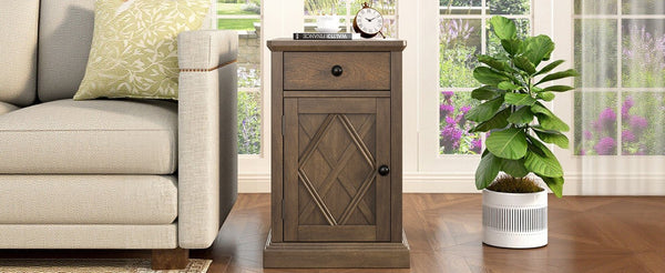 English Elm U-can Acacia Wood End Table with Usb Charging Station Drawer and Cabinet Storage Antique Brown N724P353565D
