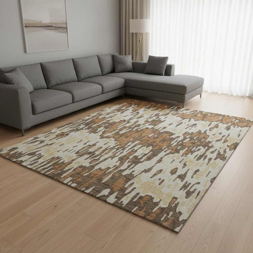 HomeRoots 9' X 12' Striped Area Rug with UV Protection - Durable Copper, Ivory & Brown Design for Homes 677800