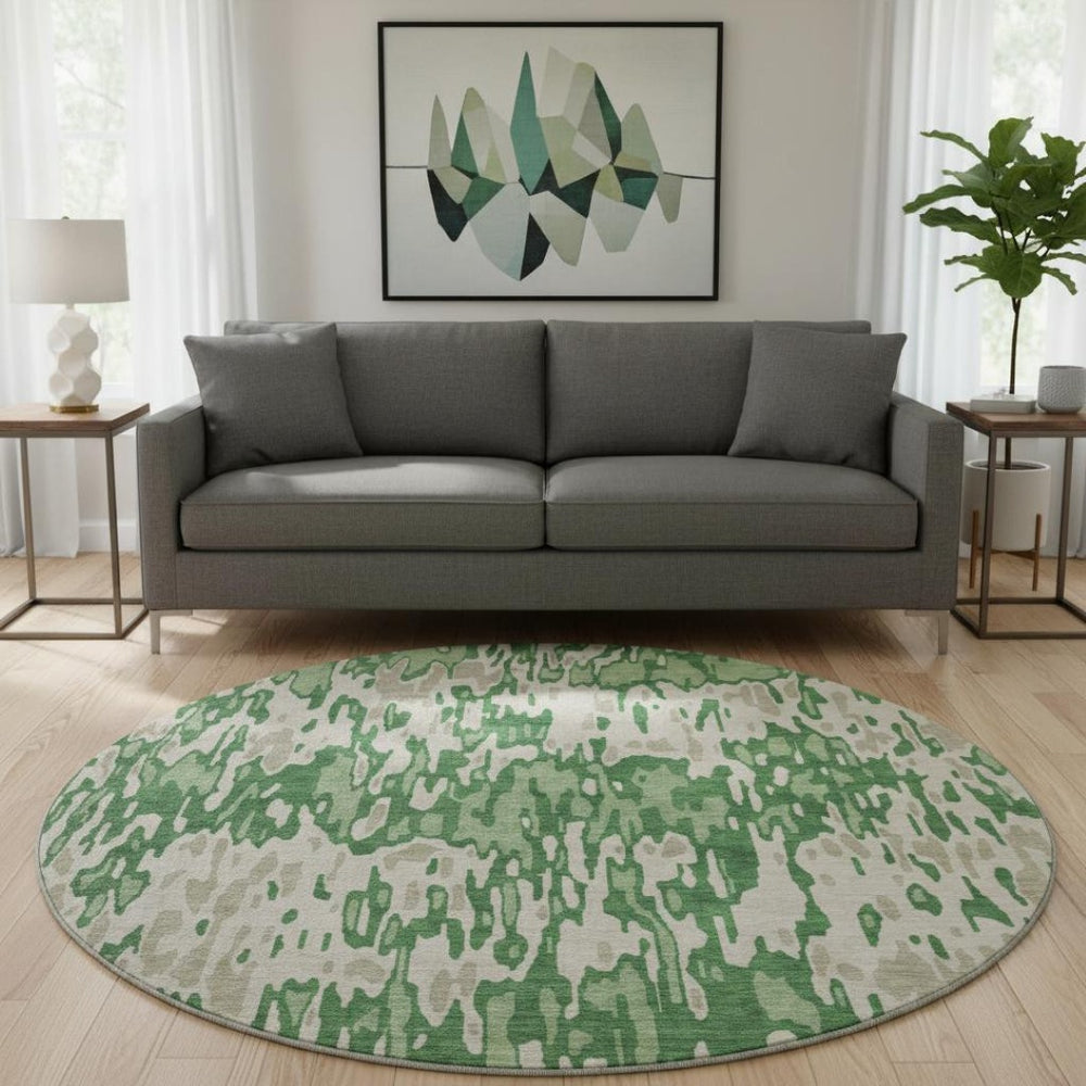 HomeRoots 8' Stylish Washable Round Rug in Green, Beige & Taupe Stripes – UV Protection & Easy Maintenance 677804