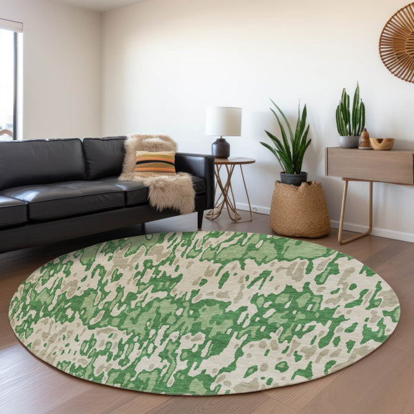 HomeRoots 8' Stylish Washable Round Rug in Green, Beige & Taupe Stripes – UV Protection & Easy Maintenance 677804