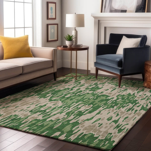 HomeRoots 8' X 10' Stylish Green Beige Taupe Striped Washable Area Rug with UV Protection for High-Traffic Areas 677805