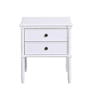 English Elm Emmett carved bamboo nightstand with 2 full‑extension drawers, brass knobs and floor‑protecting glides White B050P376943