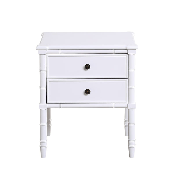 English Elm Emmett carved bamboo nightstand with 2 full‑extension drawers, brass knobs and floor‑protecting glides White B050P376943