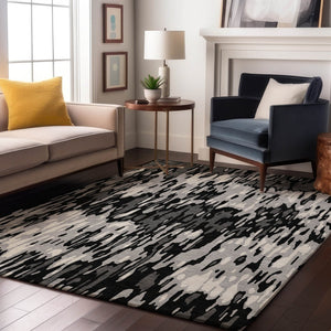 HomeRoots 5' X 8' Gray and Silver Striped Area Rug - Washable, UV-Protected, Stain-Resistant for Busy Homes 677809