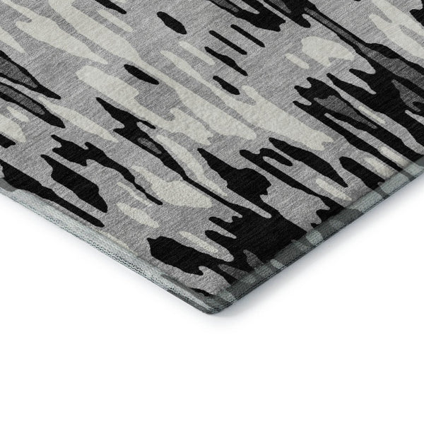 HomeRoots 5' X 8' Gray and Silver Striped Area Rug - Washable, UV-Protected, Stain-Resistant for Busy Homes 677809