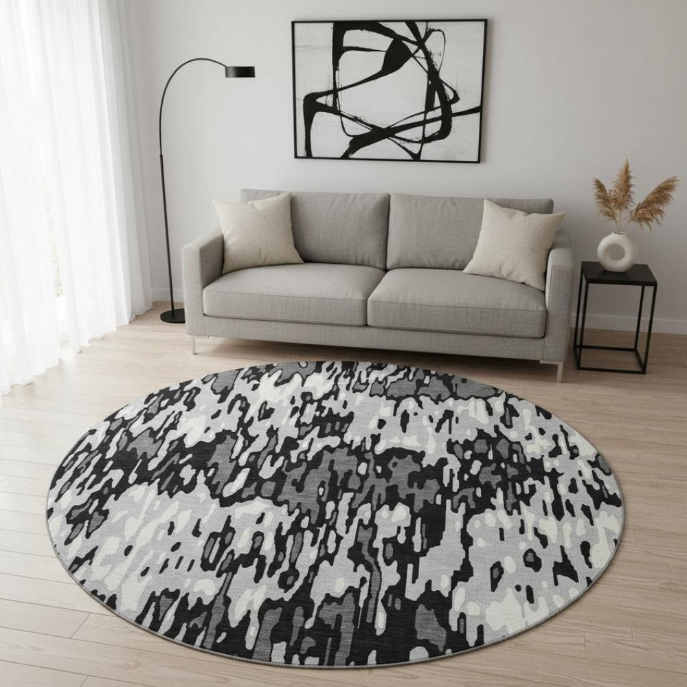 HomeRoots 8' Gray and Silver Striped Washable Round Rug – Stylish, Durable, UV-Protected for High-Traffic Areas 677810