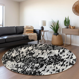 HomeRoots 8' Gray and Silver Striped Washable Round Rug – Stylish, Durable, UV-Protected for High-Traffic Areas 677810