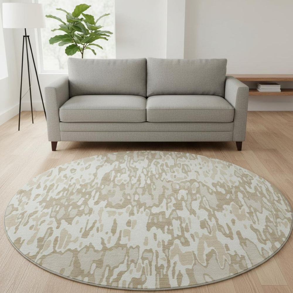 HomeRoots 8' Ivory Beige and Taupe Striped Round Rug - Washable, UV Protected, Durable, Perfect for Homes 677816