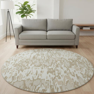 HomeRoots 8' Ivory Beige and Taupe Striped Round Rug - Washable, UV Protected, Durable, Perfect for Homes 677816