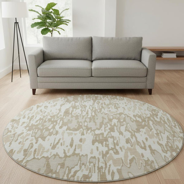 HomeRoots 8' Ivory Beige and Taupe Striped Round Rug - Washable, UV Protected, Durable, Perfect for Homes 677816