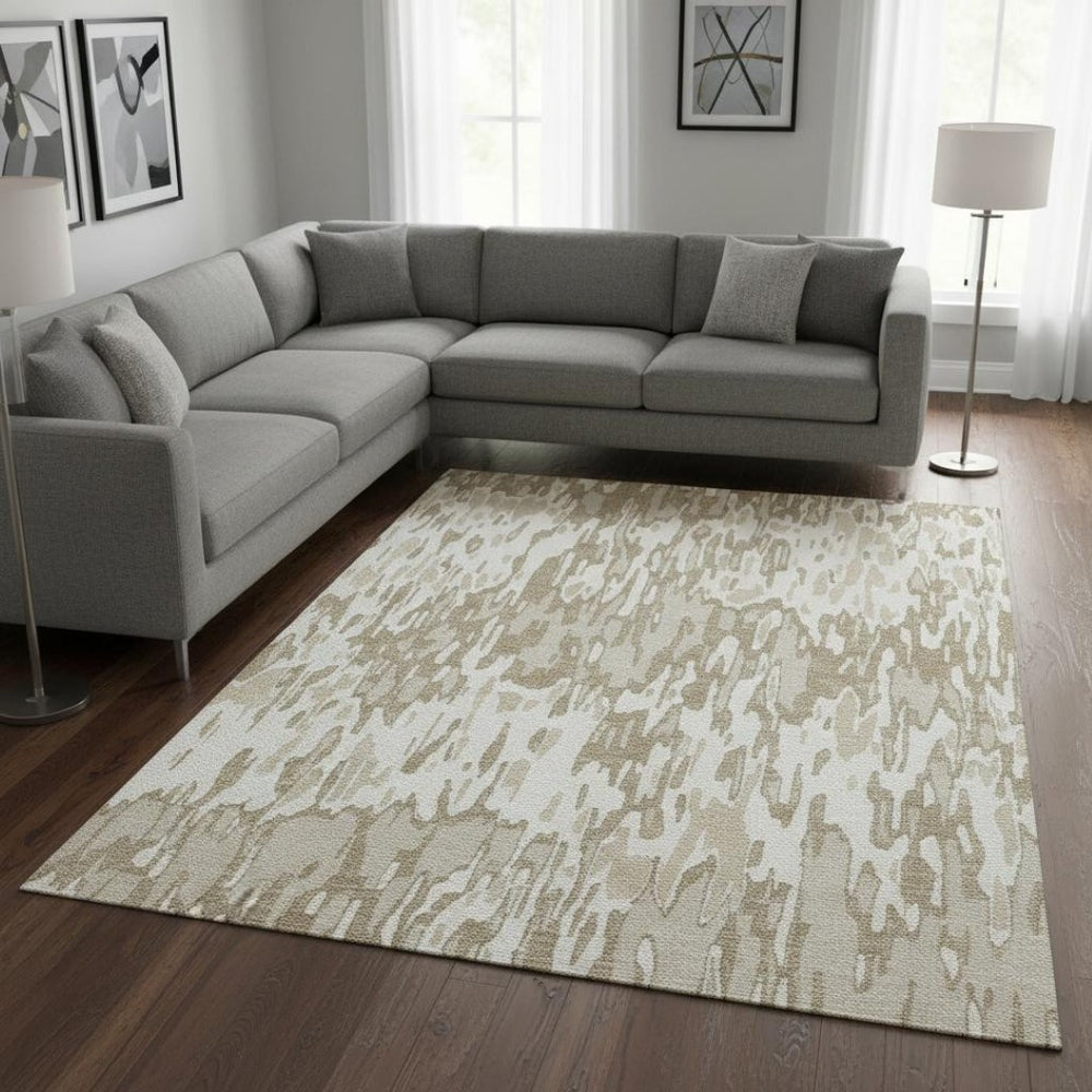 HomeRoots 8' X 10' Stylish Ivory Beige Taupe Striped Area Rug - Washable, UV-Protected, & Family-Friendly! 677817