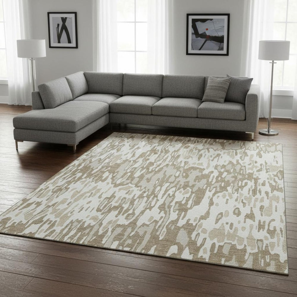 HomeRoots 9' X 12' Ivory Beige Taupe Striped Washable Area Rug - Durable, UV-Protected, Easy-Care Living Decor 677818
