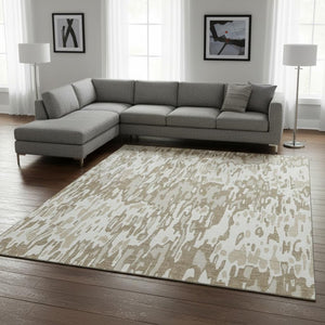 HomeRoots 9' X 12' Ivory Beige Taupe Striped Washable Area Rug - Durable, UV-Protected, Easy-Care Living Decor 677818