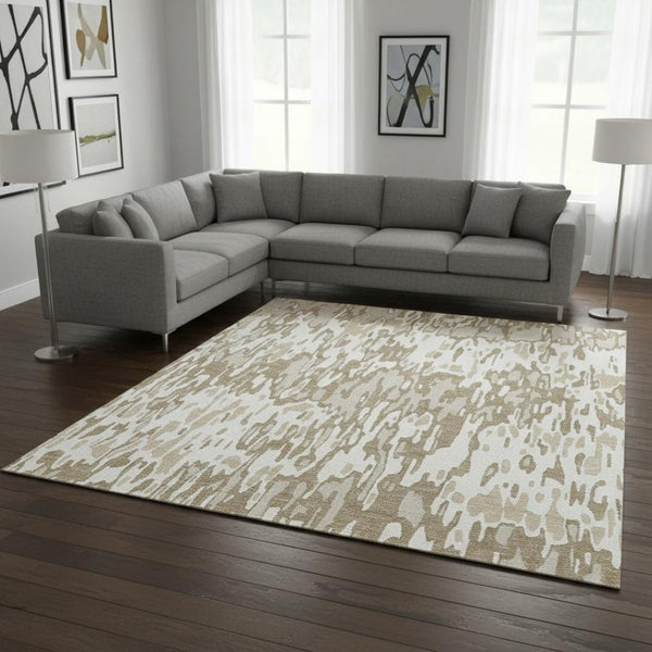 HomeRoots 10' X 14' Striped Ivory Beige and Taupe Area Rug - Durable, Stain Resistant with UV Protection, Washable 677819