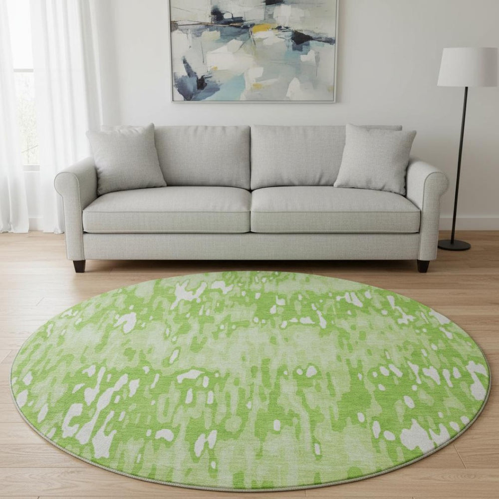 HomeRoots 8' Vibrant Lime Green and Ivory Striped Washable Round Rug with UV Protection & Stain Resistance 677822