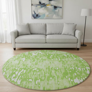 HomeRoots 8' Vibrant Lime Green and Ivory Striped Washable Round Rug with UV Protection & Stain Resistance 677822