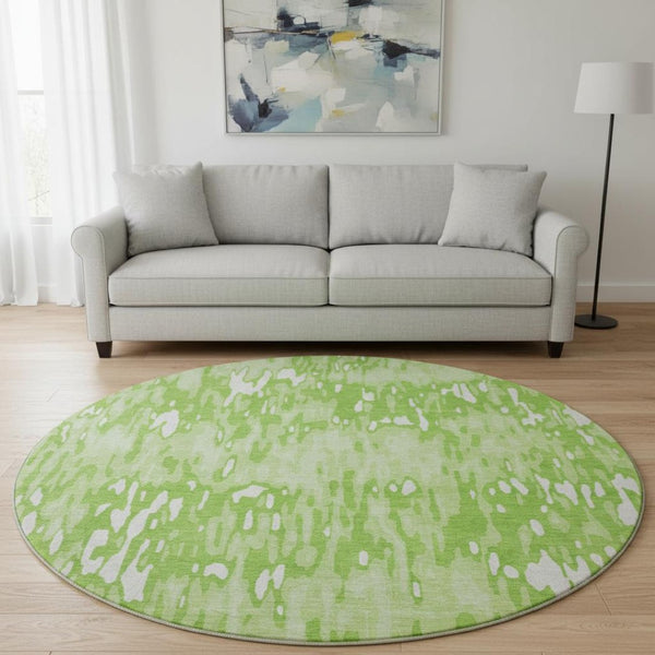 HomeRoots 8' Vibrant Lime Green and Ivory Striped Washable Round Rug with UV Protection & Stain Resistance 677822