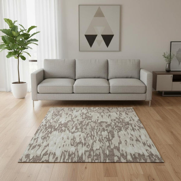 HomeRoots 5' Beige and Taupe Striped Area Rug - Washable, UV-Protected, Durable for High-Traffic Spaces! 677833