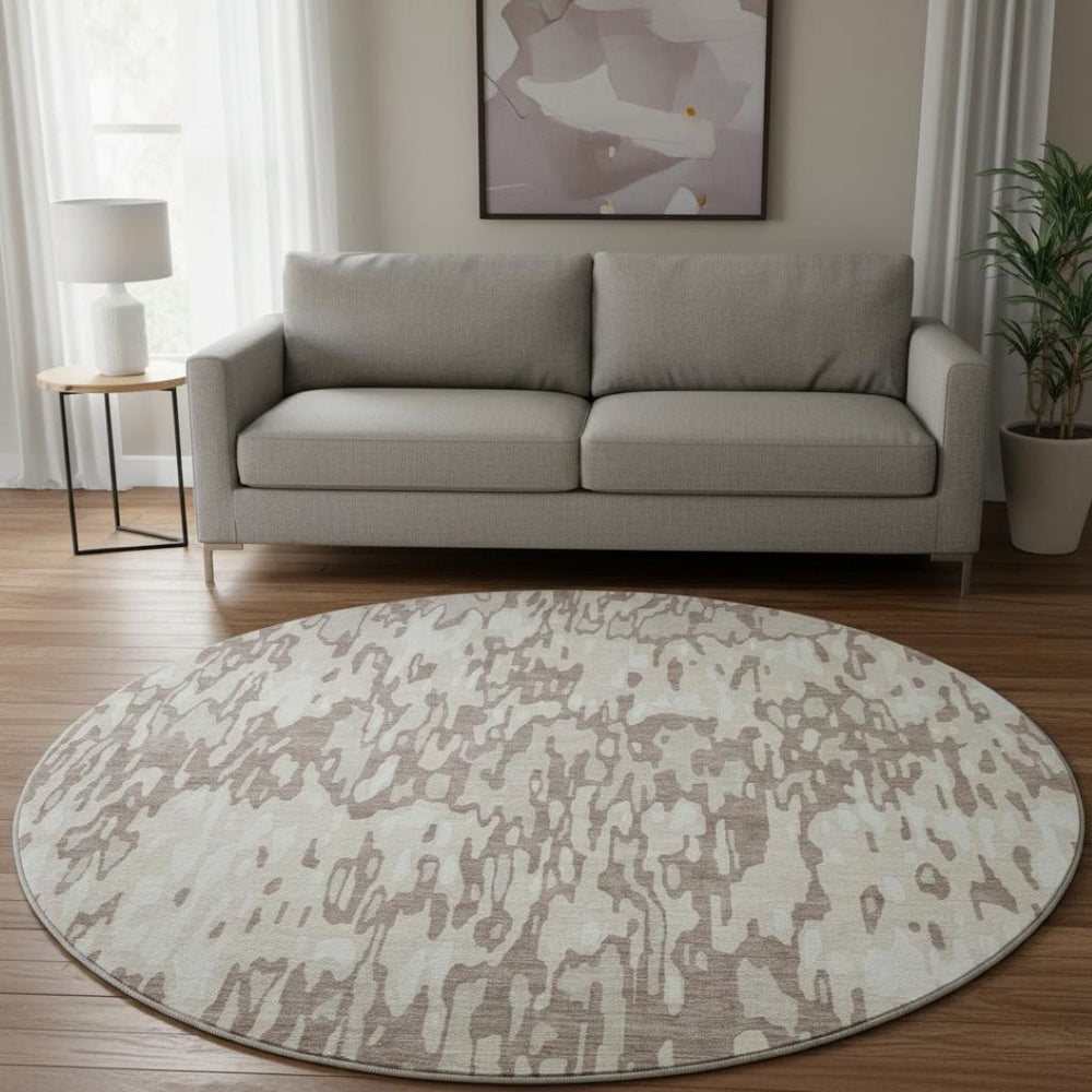 HomeRoots 8' Beige and Taupe Striped Washable Round Rug - UV Protected, Durable, Perfect for Busy Homes! 677834