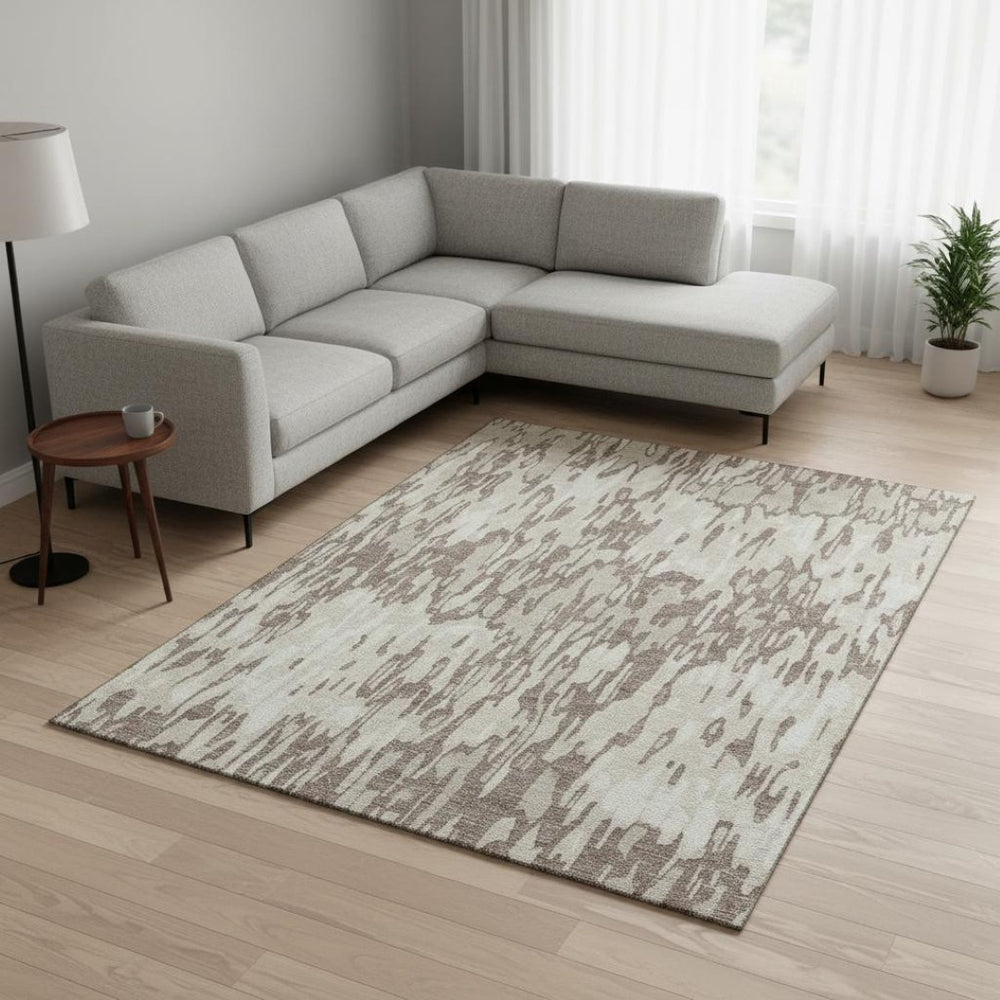 HomeRoots 8' X 10' Beige And Taupe Striped Area Rug – Washable, UV-Protected, Durable for Family-Friendly Spaces 677835