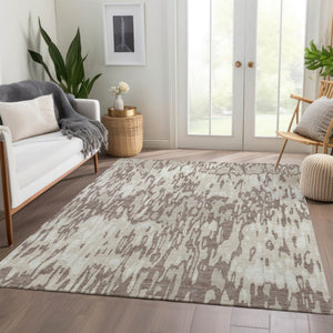 HomeRoots 8' X 10' Beige And Taupe Striped Area Rug – Washable, UV-Protected, Durable for Family-Friendly Spaces 677835