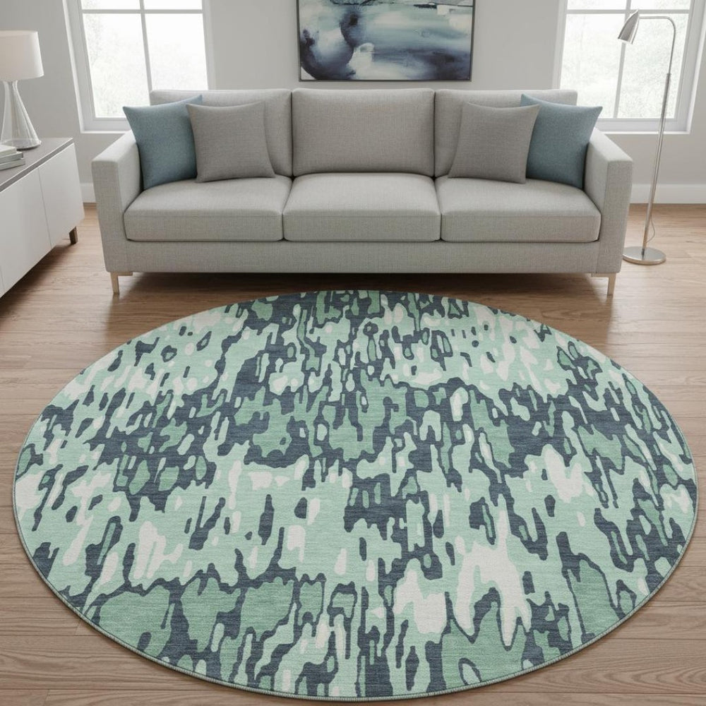 HomeRoots 8' Sage and Ivory Striped Round Rug – Washable, UV Protected, Durable, and Family-Friendly Design 677840