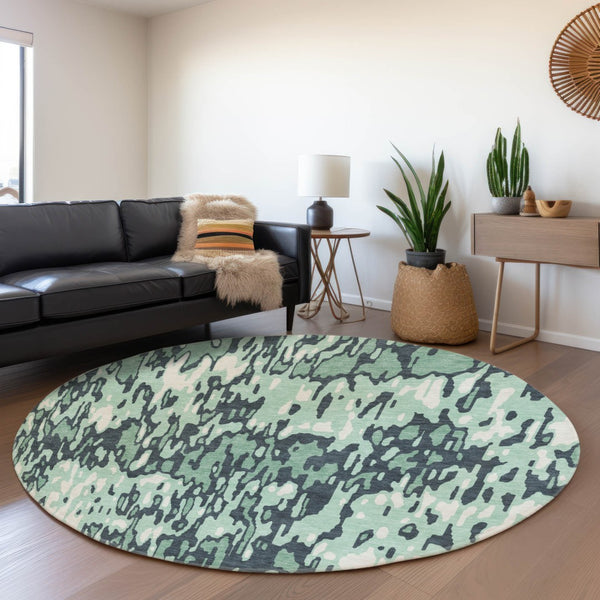 HomeRoots 8' Sage and Ivory Striped Round Rug – Washable, UV Protected, Durable, and Family-Friendly Design 677840