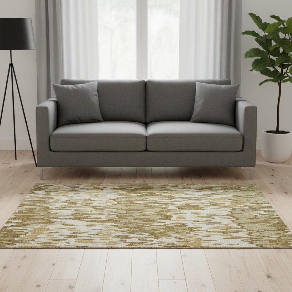 HomeRoots 5' X 8' Wheat Beige and Gold Striped Area Rug - Washable, Stain Resistant, UV Protected for Style 677845