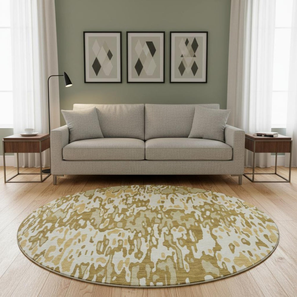 HomeRoots 8' Washable Round Rug in Wheat Beige & Gold Stripes – UV Protected, Durable, and Stain-Resistant Design 677846