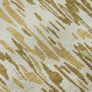 HomeRoots 8' Washable Round Rug in Wheat Beige & Gold Stripes – UV Protected, Durable, and Stain-Resistant Design 677846