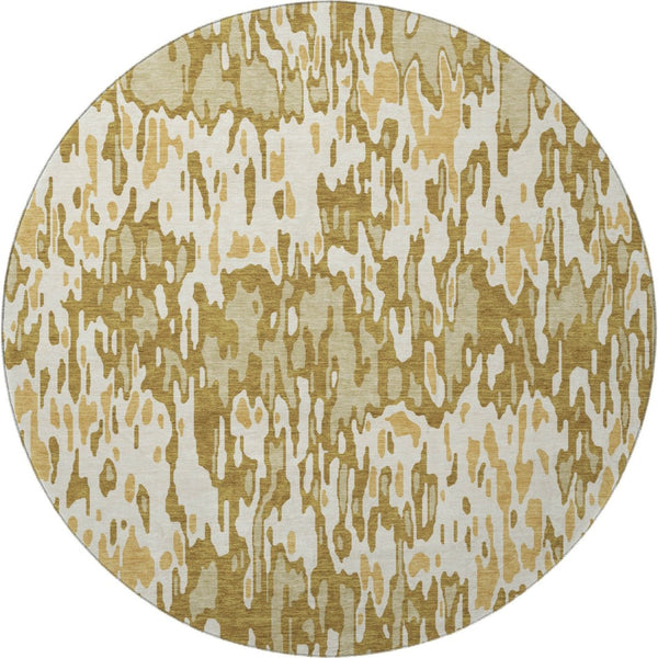 HomeRoots 8' Washable Round Rug in Wheat Beige & Gold Stripes – UV Protected, Durable, and Stain-Resistant Design 677846
