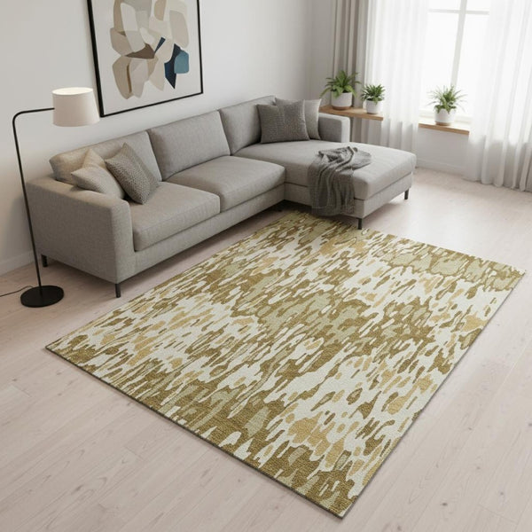 HomeRoots 10' Wheat Beige & Gold Striped Washable Area Rug - Durable, Stain-Resistant, UV Protected Elegance 677849