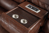 English Elm Achern Brown Leather-Air Nailhead Manual Reclining Sofa and Loveseat With Storage Console and Usb Port