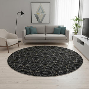 HomeRoots 8' Black And Ivory Geometric Round Rug - Washable, UV Resistant, Stylish for High-Traffic Areas 677852
