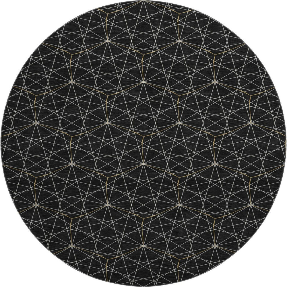HomeRoots 8' Black And Ivory Geometric Round Rug - Washable, UV Resistant, Stylish for High-Traffic Areas 677852