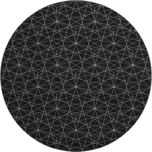 HomeRoots 8' Black And Ivory Geometric Round Rug - Washable, UV Resistant, Stylish for High-Traffic Areas 677852