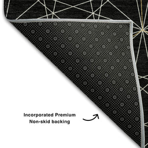HomeRoots 8' Black And Ivory Geometric Round Rug - Washable, UV Resistant, Stylish for High-Traffic Areas 677852
