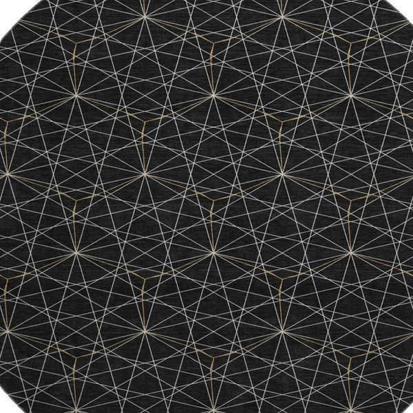 HomeRoots 8' Black And Ivory Geometric Round Rug - Washable, UV Resistant, Stylish for High-Traffic Areas 677852