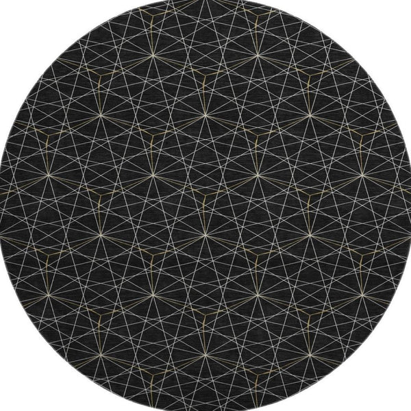 HomeRoots 8' Black And Ivory Geometric Round Rug - Washable, UV Resistant, Stylish for High-Traffic Areas 677852