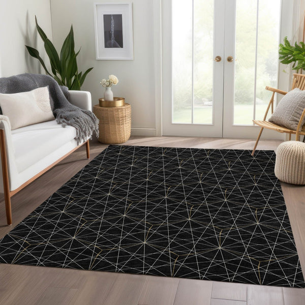 HomeRoots 8' X 10' Black And Ivory Geometric Washable Area Rug - UV Protected, Durable, Stylish for High-Traffic Homes 677853