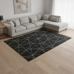 HomeRoots 9' X 12' Black And Ivory Geometric Area Rug – Washable, Stain-Resistant, UV Protected for Durability 677854