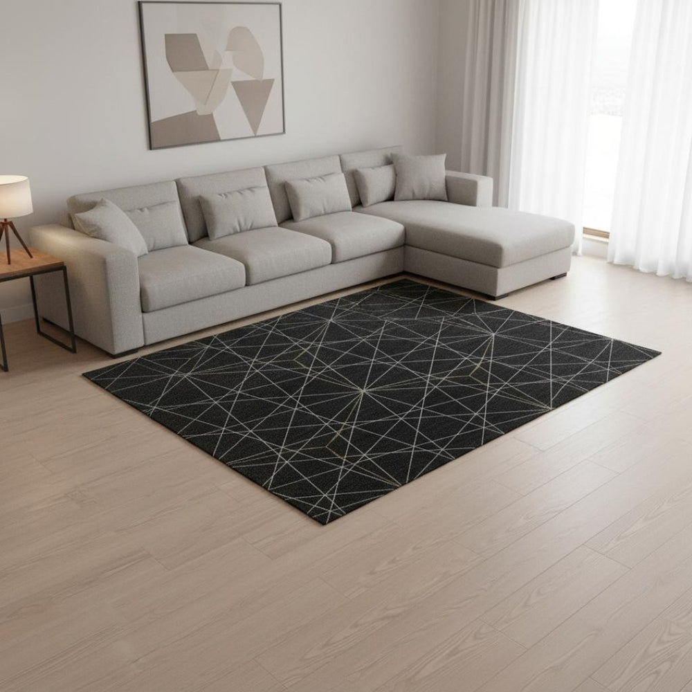 HomeRoots 10' X 14' Black And Ivory Geometric Washable Area Rug – Stylish, Durable, UV-Protected for Homes 677855