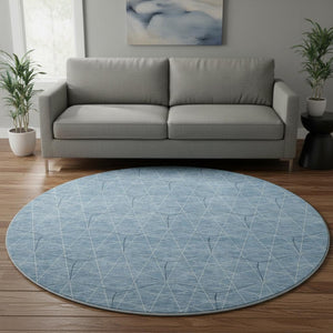 HomeRoots 8' Stylish Denim Blue & Ivory Geometric Round Rug - Washable, UV-Protected, Perfect for High-Traffic Areas 677858