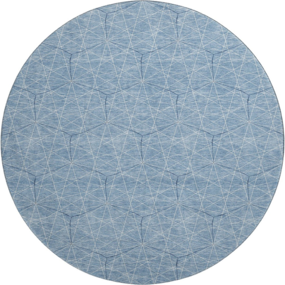 HomeRoots 8' Stylish Denim Blue & Ivory Geometric Round Rug - Washable, UV-Protected, Perfect for High-Traffic Areas 677858