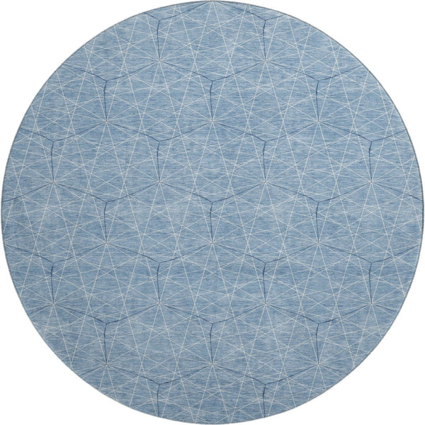 HomeRoots 8' Stylish Denim Blue & Ivory Geometric Round Rug - Washable, UV-Protected, Perfect for High-Traffic Areas 677858