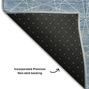 HomeRoots 8' Stylish Denim Blue & Ivory Geometric Round Rug - Washable, UV-Protected, Perfect for High-Traffic Areas 677858
