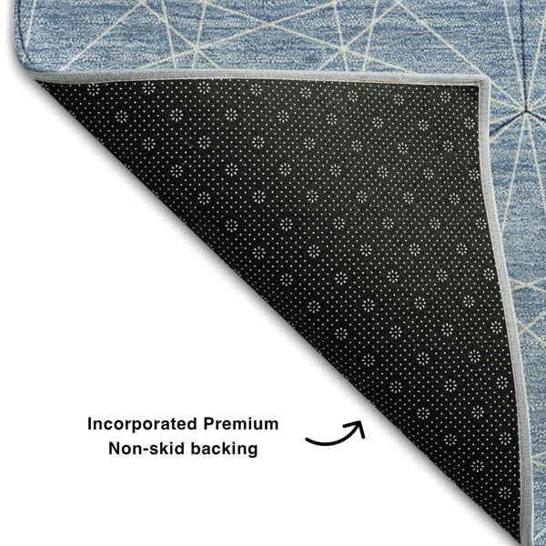 HomeRoots 8' Stylish Denim Blue & Ivory Geometric Round Rug - Washable, UV-Protected, Perfect for High-Traffic Areas 677858