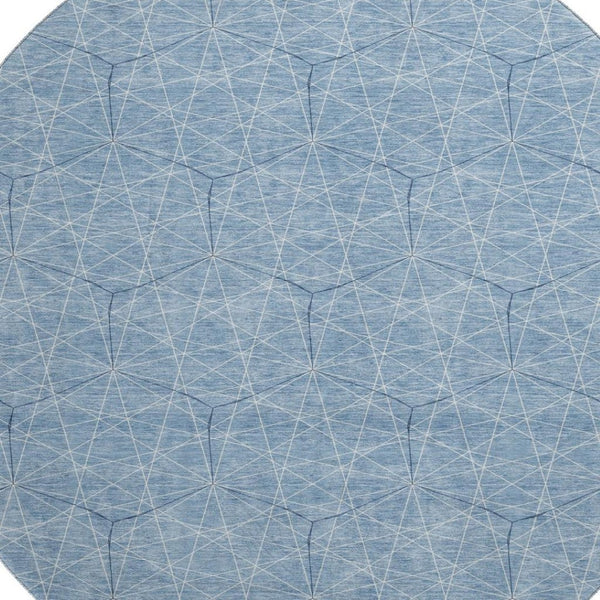 HomeRoots 8' Stylish Denim Blue & Ivory Geometric Round Rug - Washable, UV-Protected, Perfect for High-Traffic Areas 677858