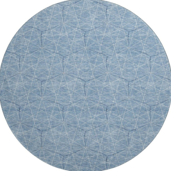 HomeRoots 8' Stylish Denim Blue & Ivory Geometric Round Rug - Washable, UV-Protected, Perfect for High-Traffic Areas 677858